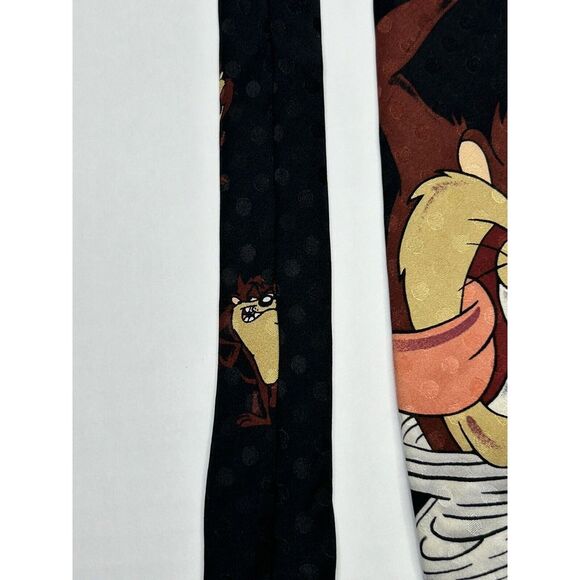 Looney Tunes Men’s Neck Tie Taz Tasmanian Devil Tornado + Tongue Out Silk Black - Picture 5 of 9